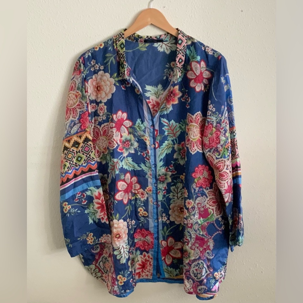 Johnny Was Hebea Della Silk Floral Button Up Tunic Blouse